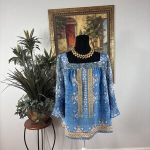 Zac & Rachel Women’s Boho Peasant Top Blue Medallion Print Long Sleeve Size M